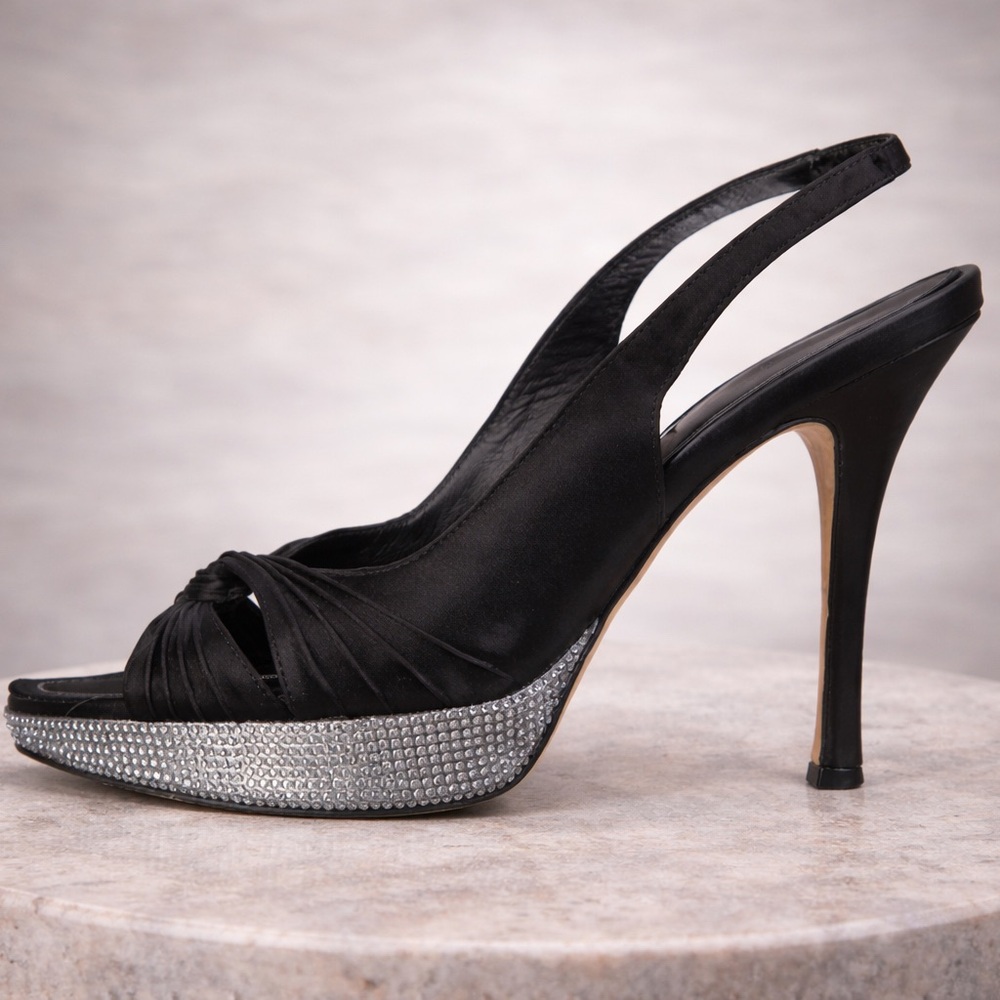 RENE CAOVILLA Black Slingback High Heel Sandals with Rhinestone Platform